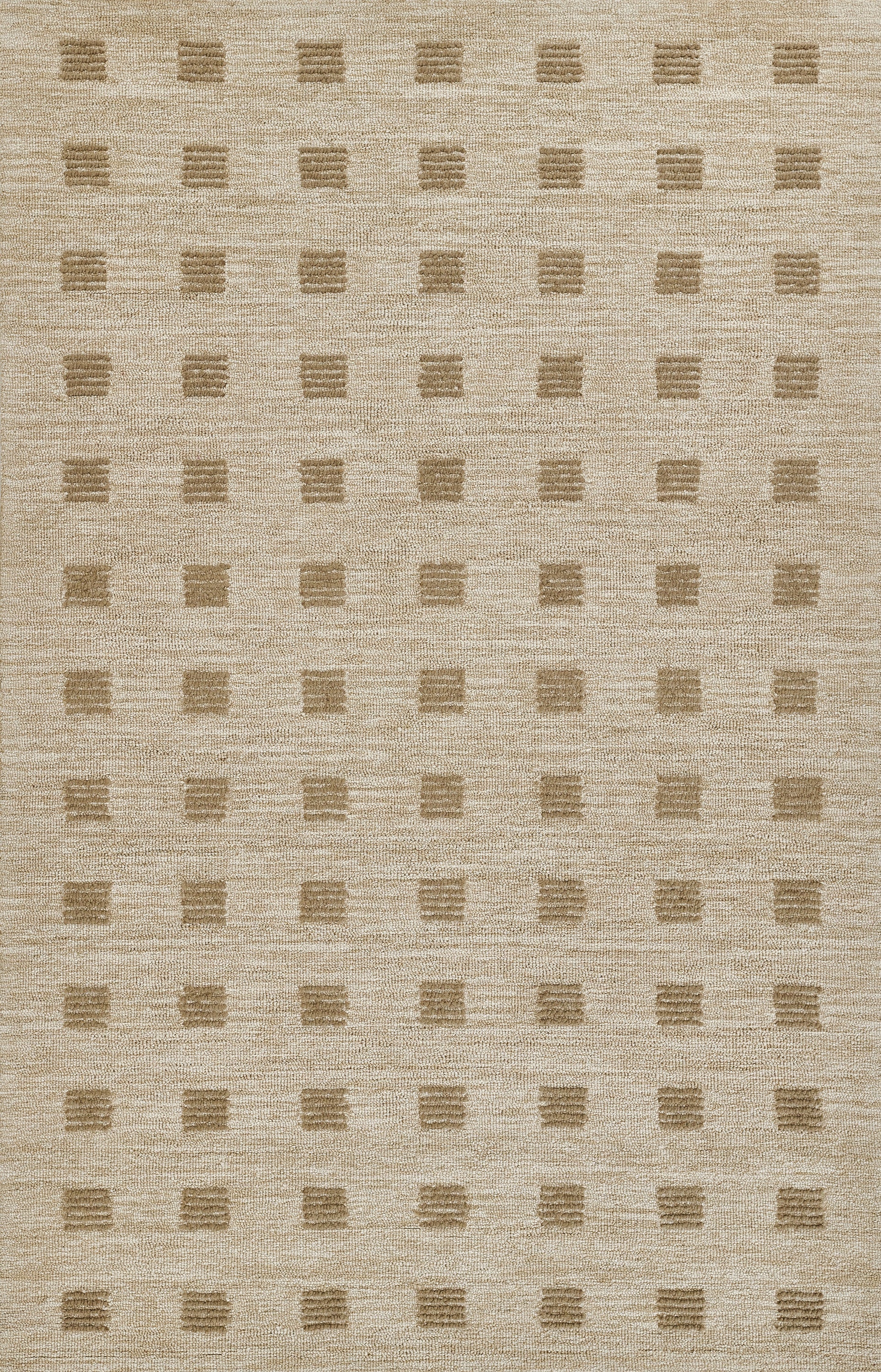 Beige woven area rug with subtle texture and a grid of tan square blocks.