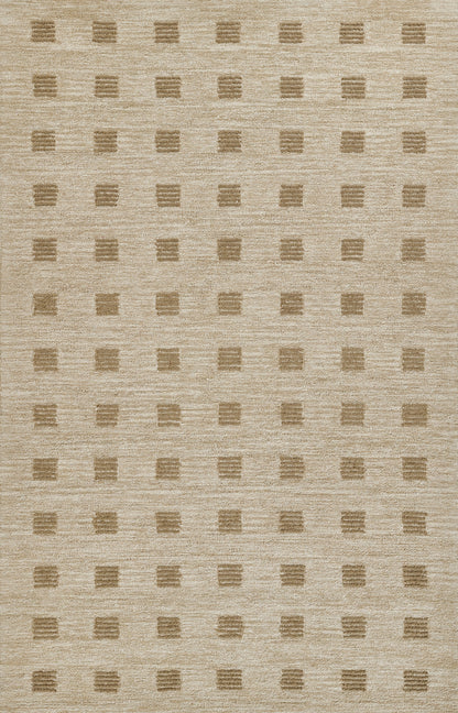 Beige woven area rug with subtle texture and a grid of tan square blocks.