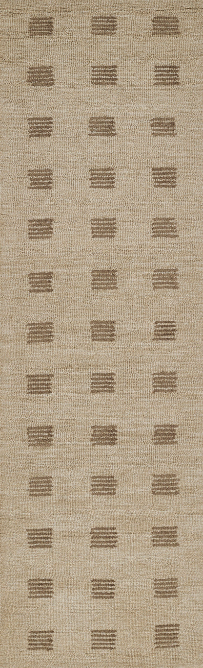 Beige woven rug with evenly spaced dark brown stacked-bar squares in a grid.