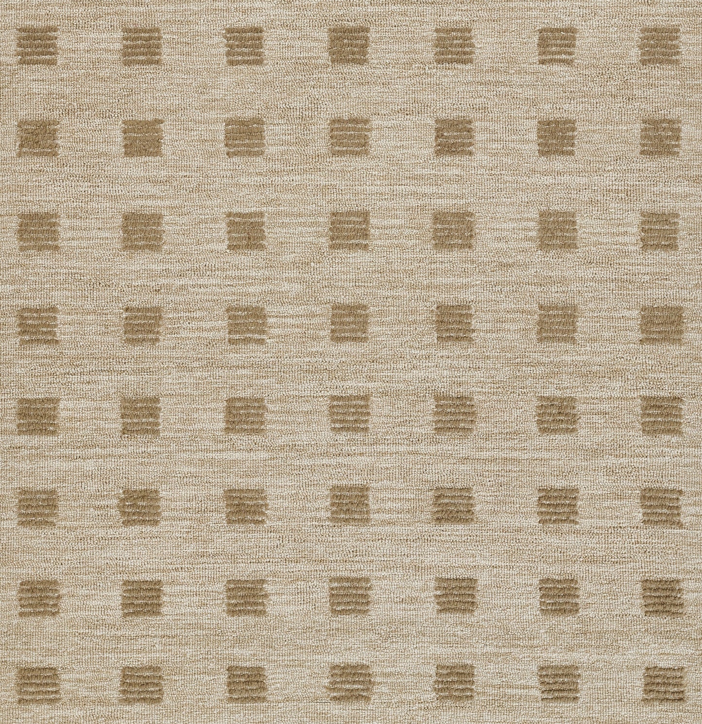 Beige textured area rug with a subtle grid of darker tan square blocks.