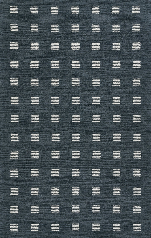 Indigo blue area rug with a repeating grid of small white dashed squares, modern geometric style.