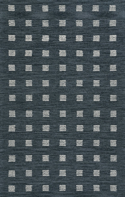 Blue textured rug with repeating white stitched-square blocks forming a geometric grid.