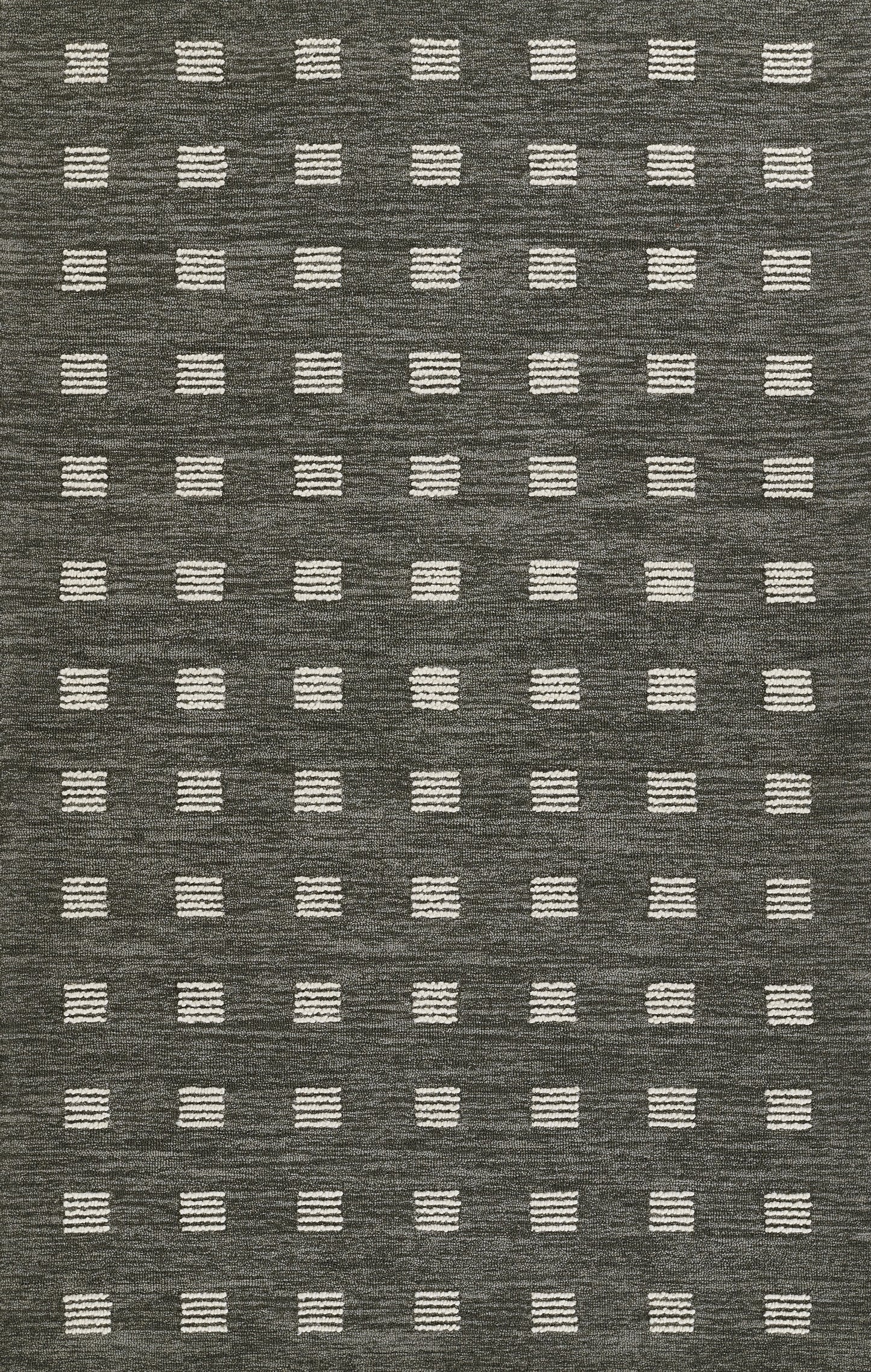 Dark gray rug with evenly spaced white striped squares in a grid pattern.