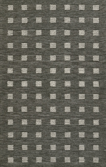 Dark gray rug with evenly spaced white striped squares in a grid pattern.