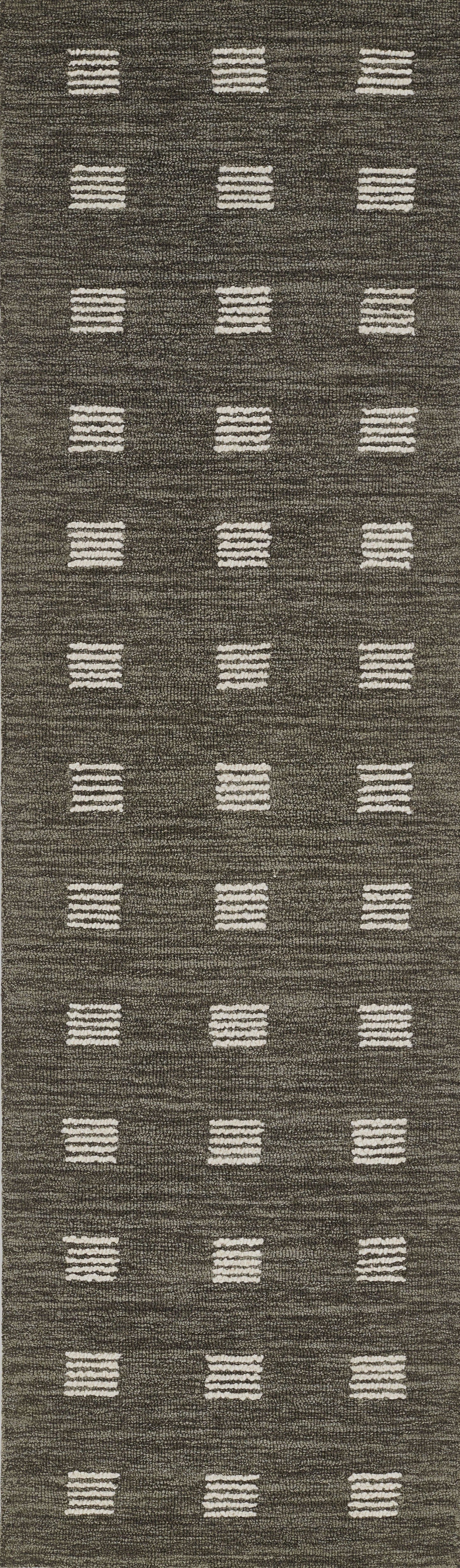 Textured brown runner rug with white rectangular grid motifs; long hallway mat.