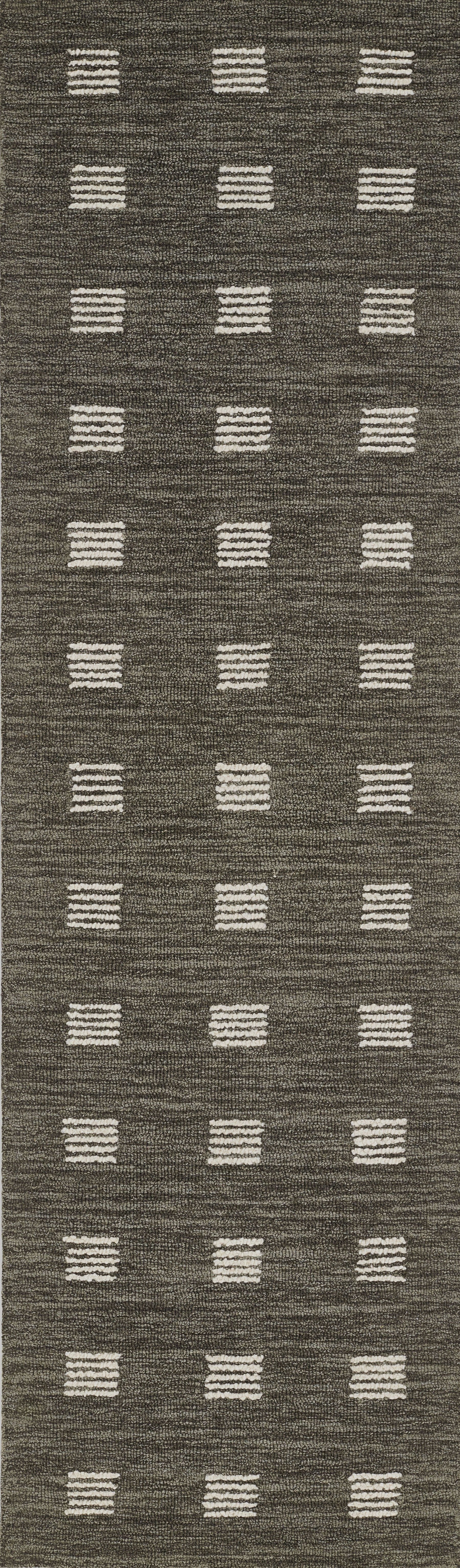 Textured brown runner rug with white rectangular grid motifs; long hallway mat.