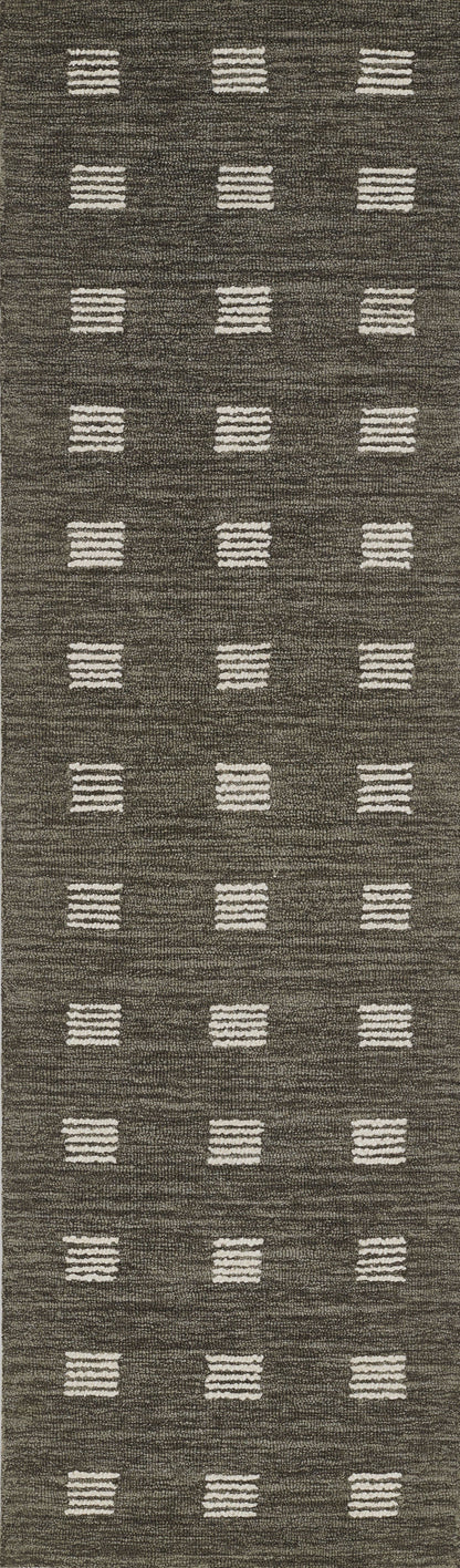 Textured brown runner rug with white rectangular grid motifs; long hallway mat.