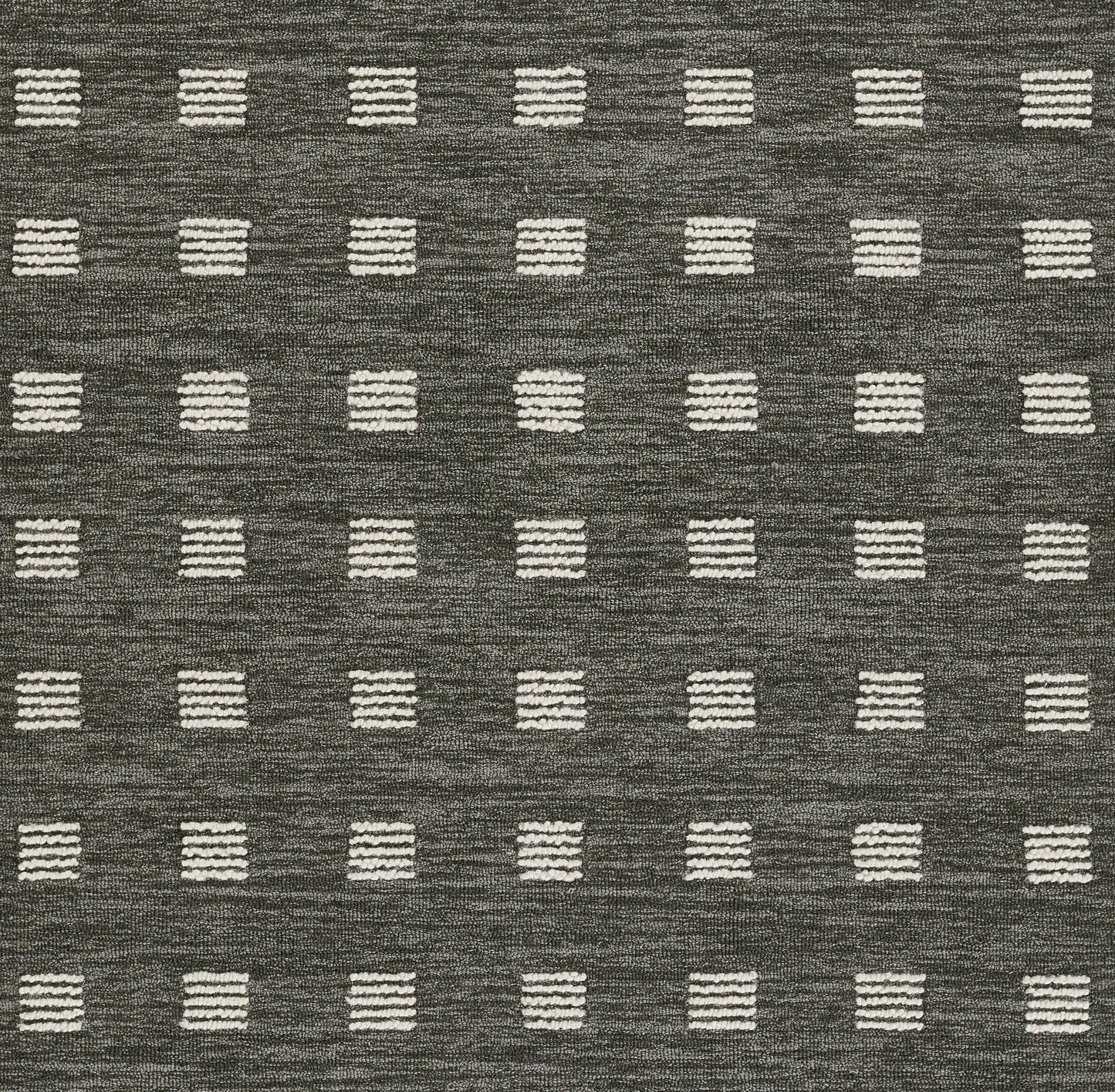 Gray woven rug with white striped square dots in a regular grid; modern geometric pattern.