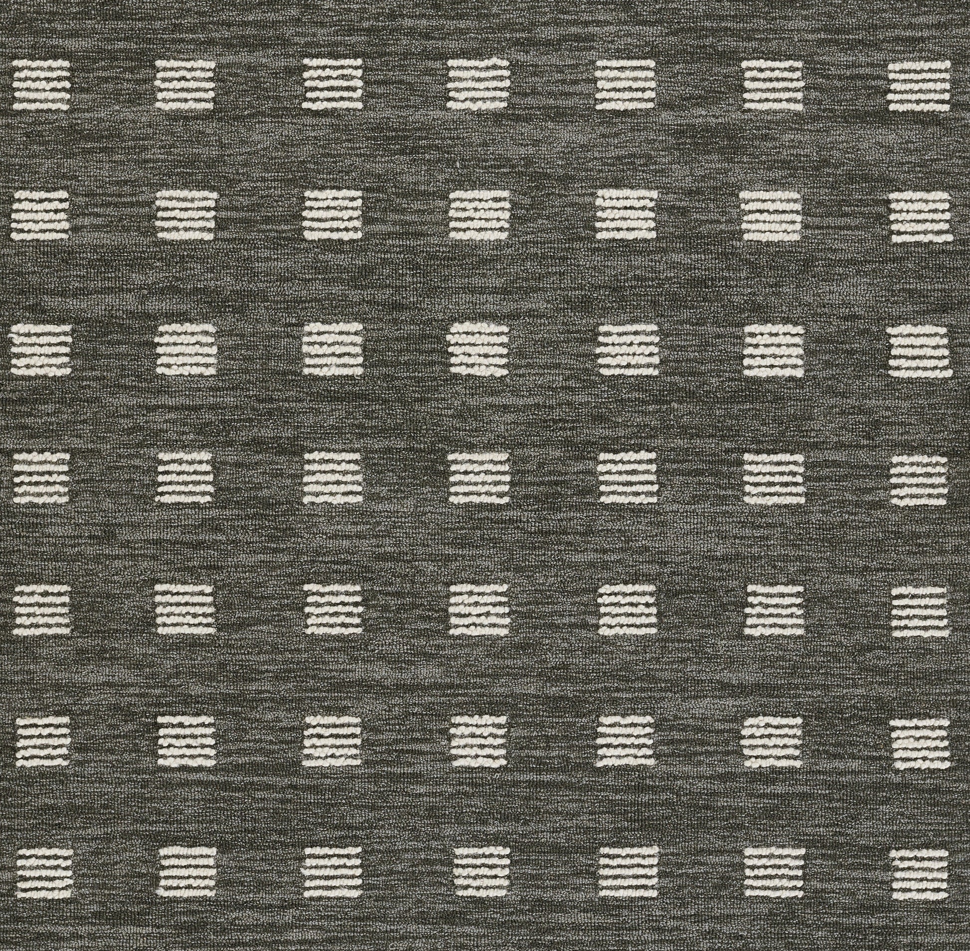 Dark gray rug with evenly spaced white striped rectangles in a subtle grid pattern.