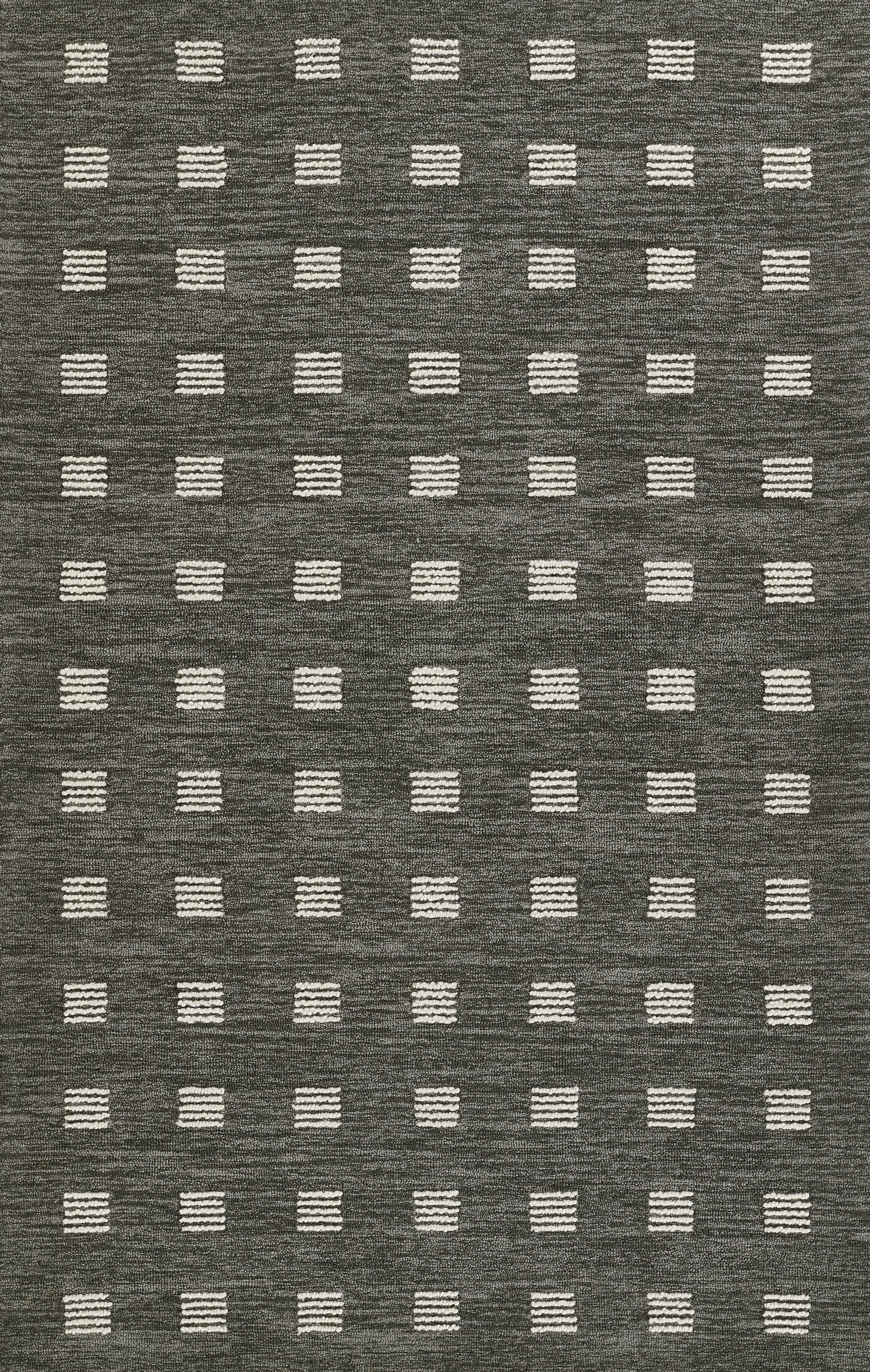 Charcoal rug with repeating white striped square blocks in a grid pattern; textured weave, modern geometric.
