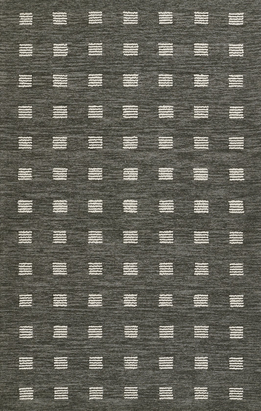 Charcoal rug with repeating white striped square blocks in a grid pattern; textured weave, modern geometric.