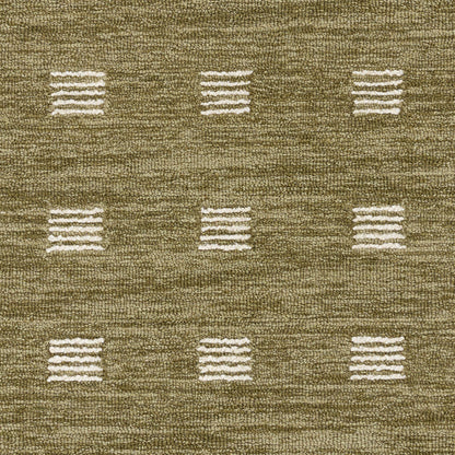 Olive-brown woven rug with ivory square dash motifs in a subtle grid pattern.