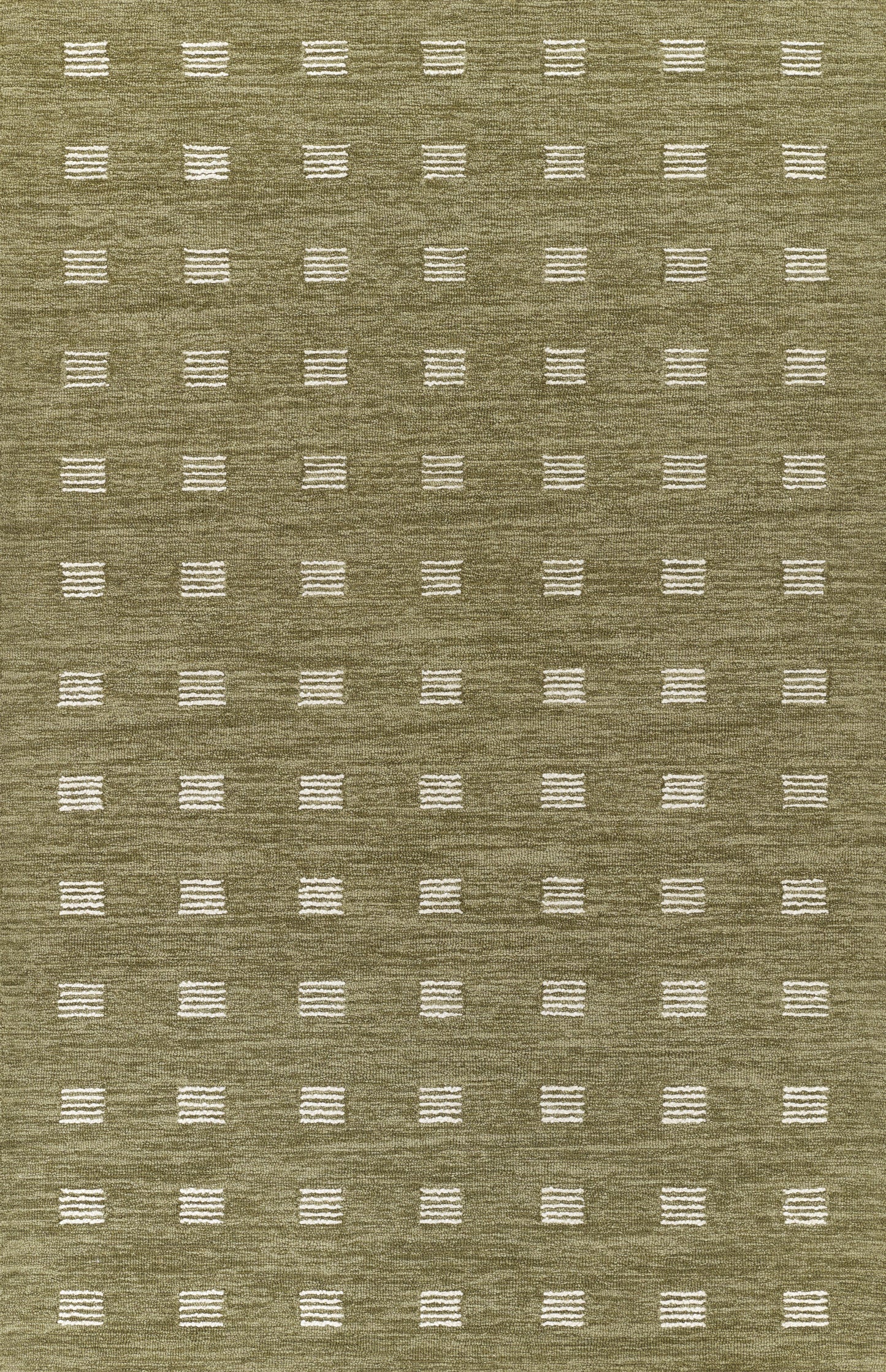 Olive green woven runner rug with small white dash marks arranged in a subtle grid pattern.