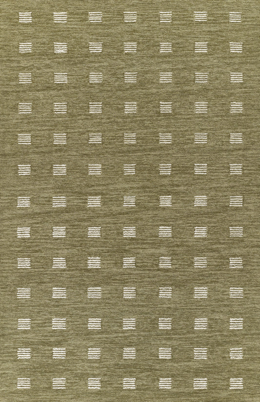 Olive green woven runner rug with small white dash marks arranged in a subtle grid pattern.