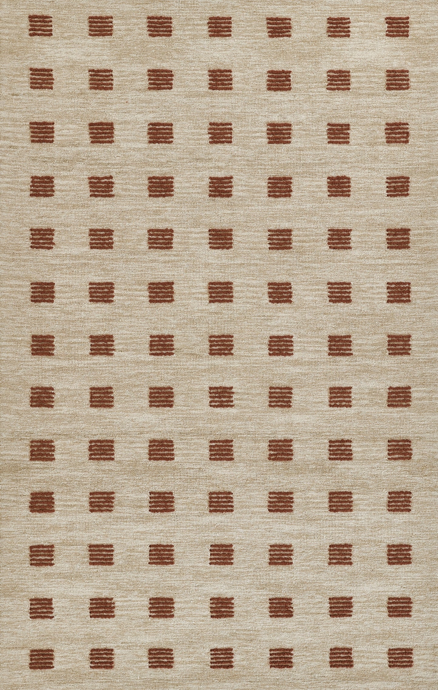 Beige woven jute rug with repeating rust-brown square blocks, each containing three horizontal stripes.