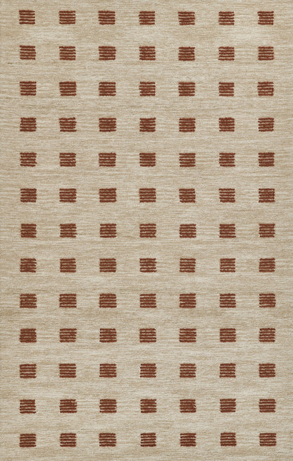 Beige woven jute rug with repeating rust-brown square blocks, each containing three horizontal stripes.
