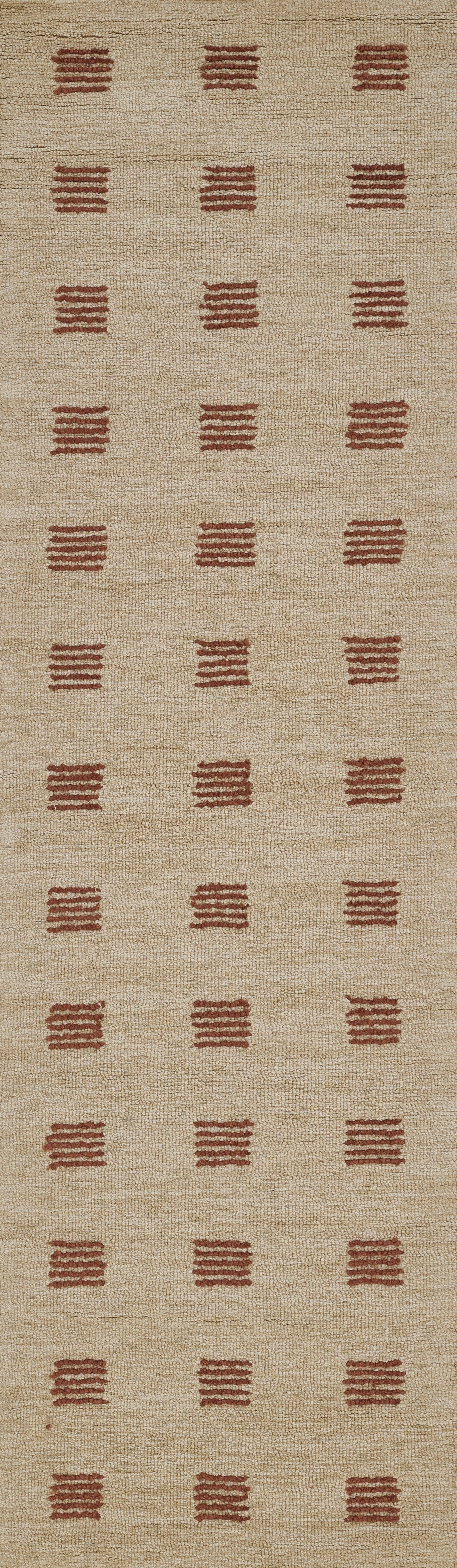 Beige woven rug runner, 2'3" x 8', with evenly spaced red stacked-bar motifs arranged in a grid.