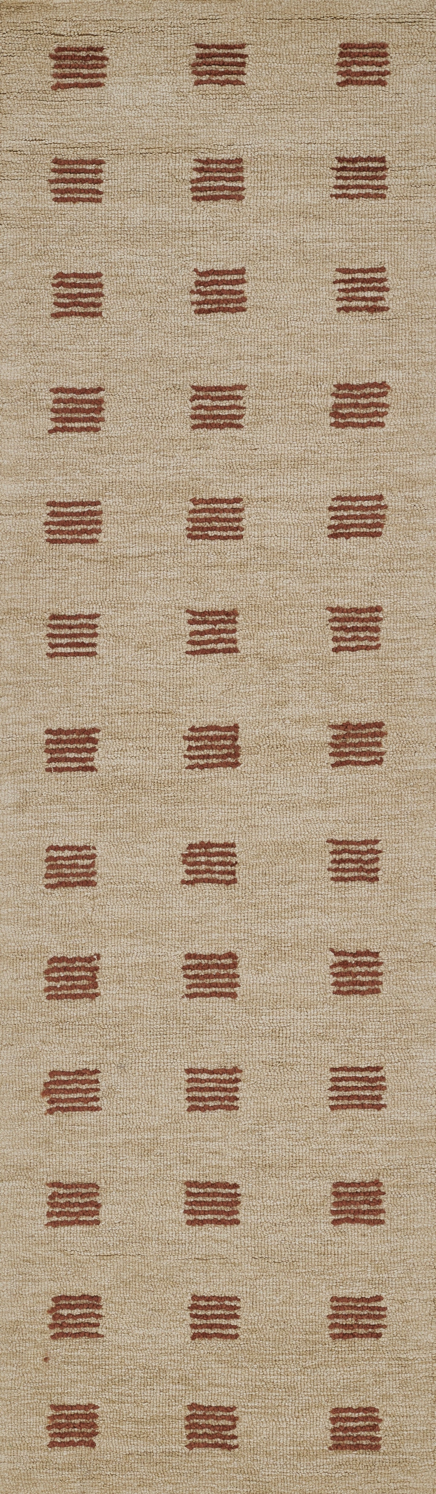 Beige natural-fiber flat-weave rug with a repeating grid of dark red-brown three-line motifs.