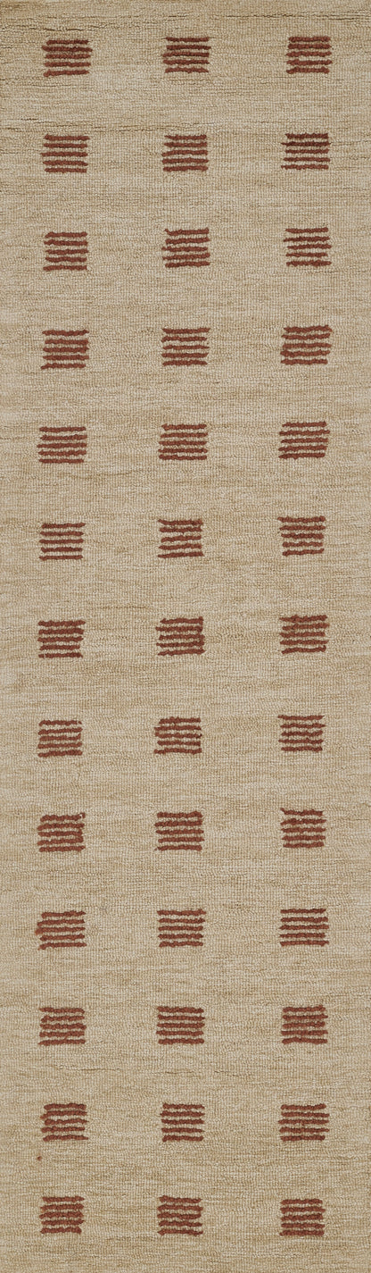 Beige natural-fiber rug with maroon bar motifs arranged in a grid pattern for living room or hallway.