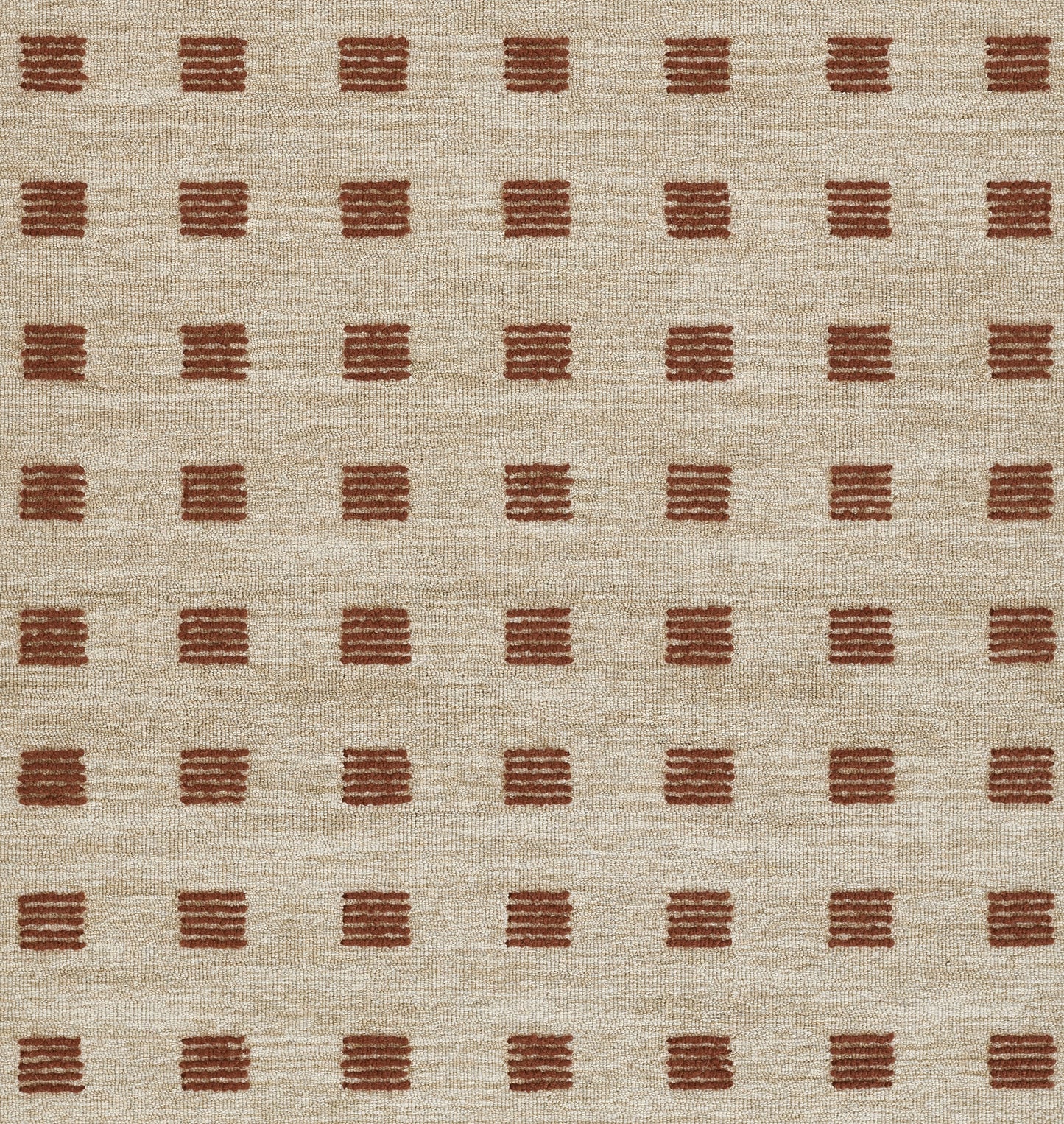 Beige woven rug with brick-red square motifs in a grid; textured geometric style.