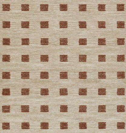 Beige woven rug with a repeating grid of small brown rectangular blocks.