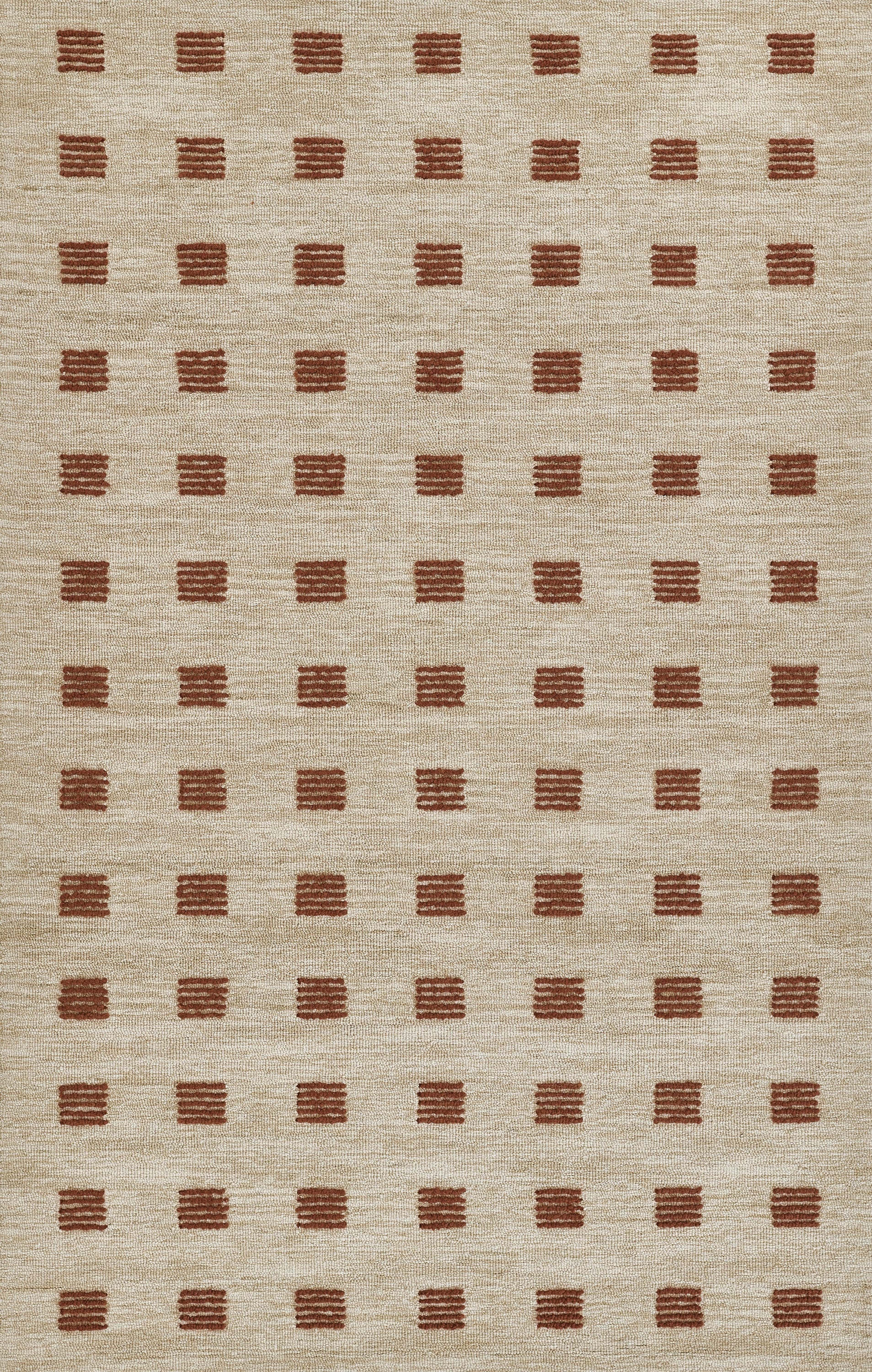 Beige woven rug featuring a grid of small rust-brown squares; textured natural fiber.