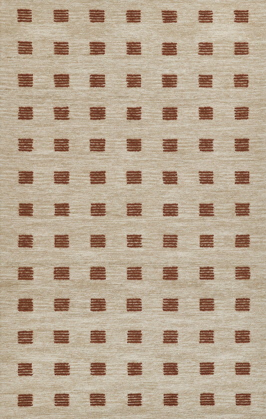 Beige woven rug featuring a grid of small rust-brown squares; textured natural fiber.