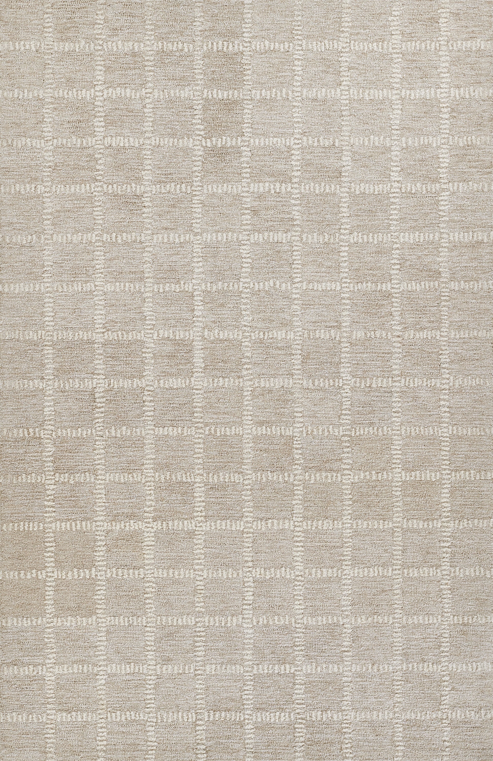 Beige and cream woven area rug with a soft grid of square blocks and subtle textured detailing.
