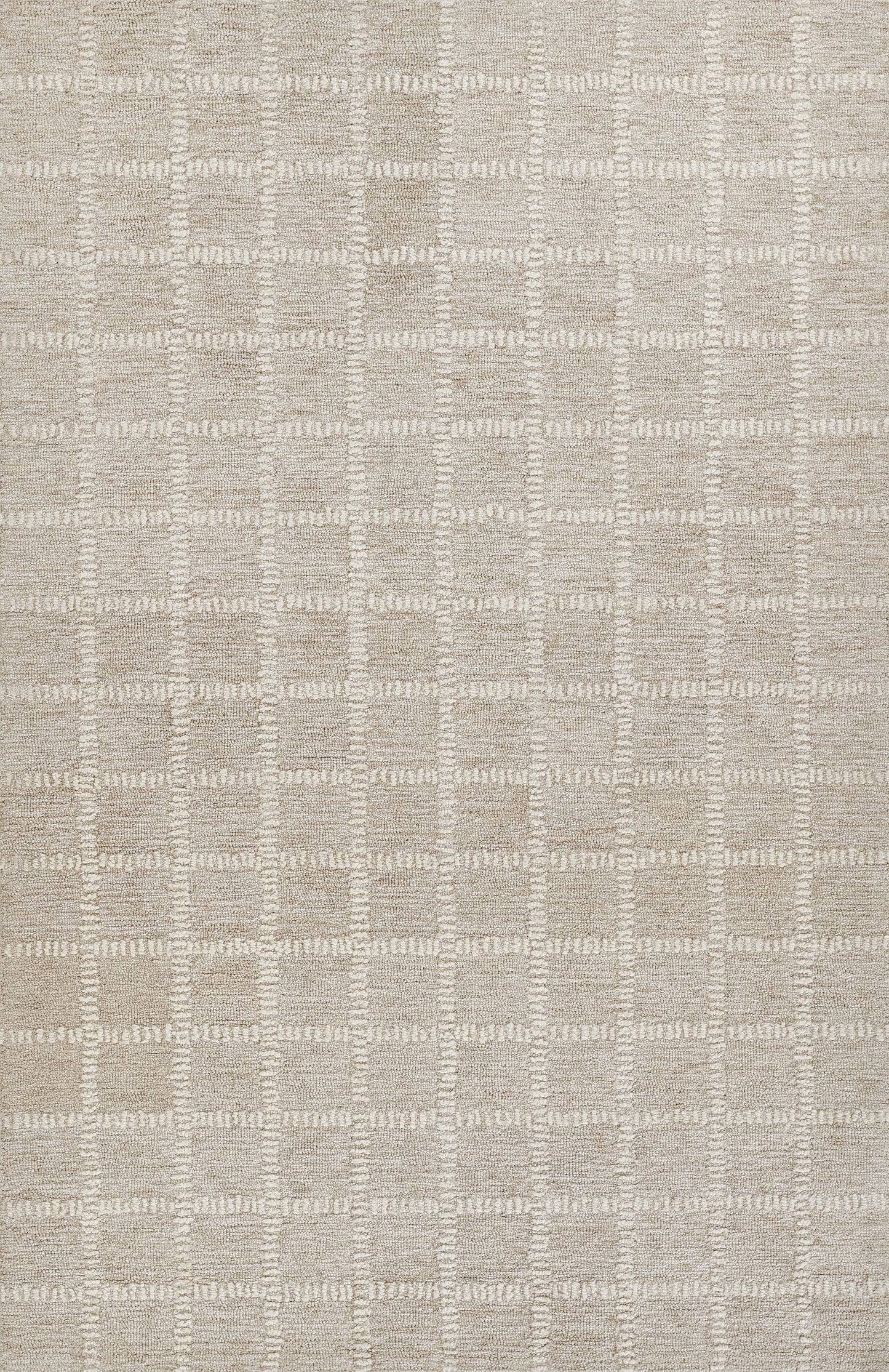 Beige rug with a subtle checkered grid of square blocks and woven loop texture in neutral tan tones.