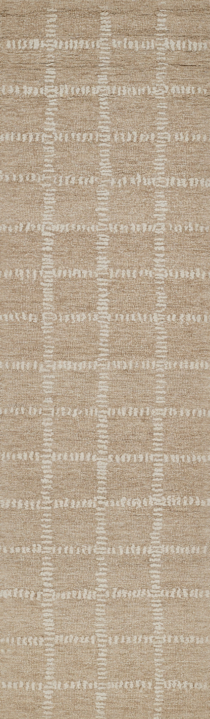 Beige woven area rug with white stitched grid pattern; neutral geometric rug for living spaces.