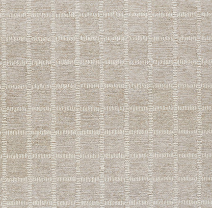 Beige textured area rug with a tan and cream square grid pattern, neutral and softly woven.