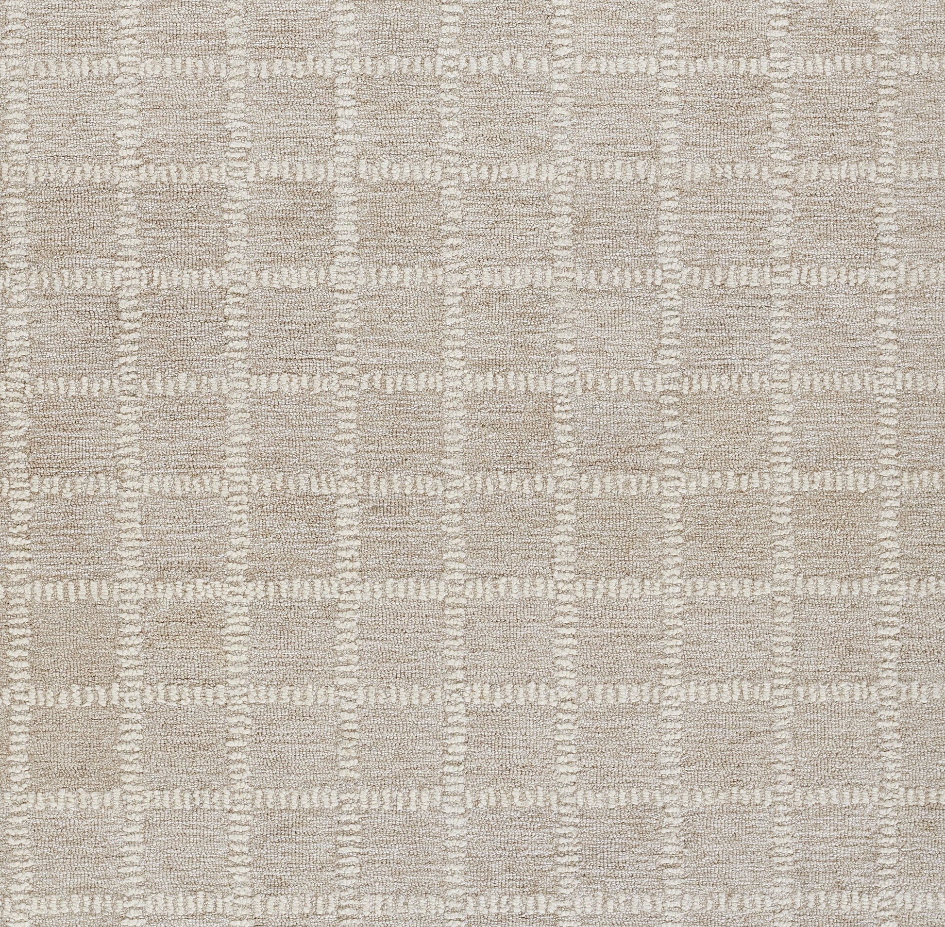 Beige checkered area rug with square blocks & looped texture; neutral, soft, modern look.