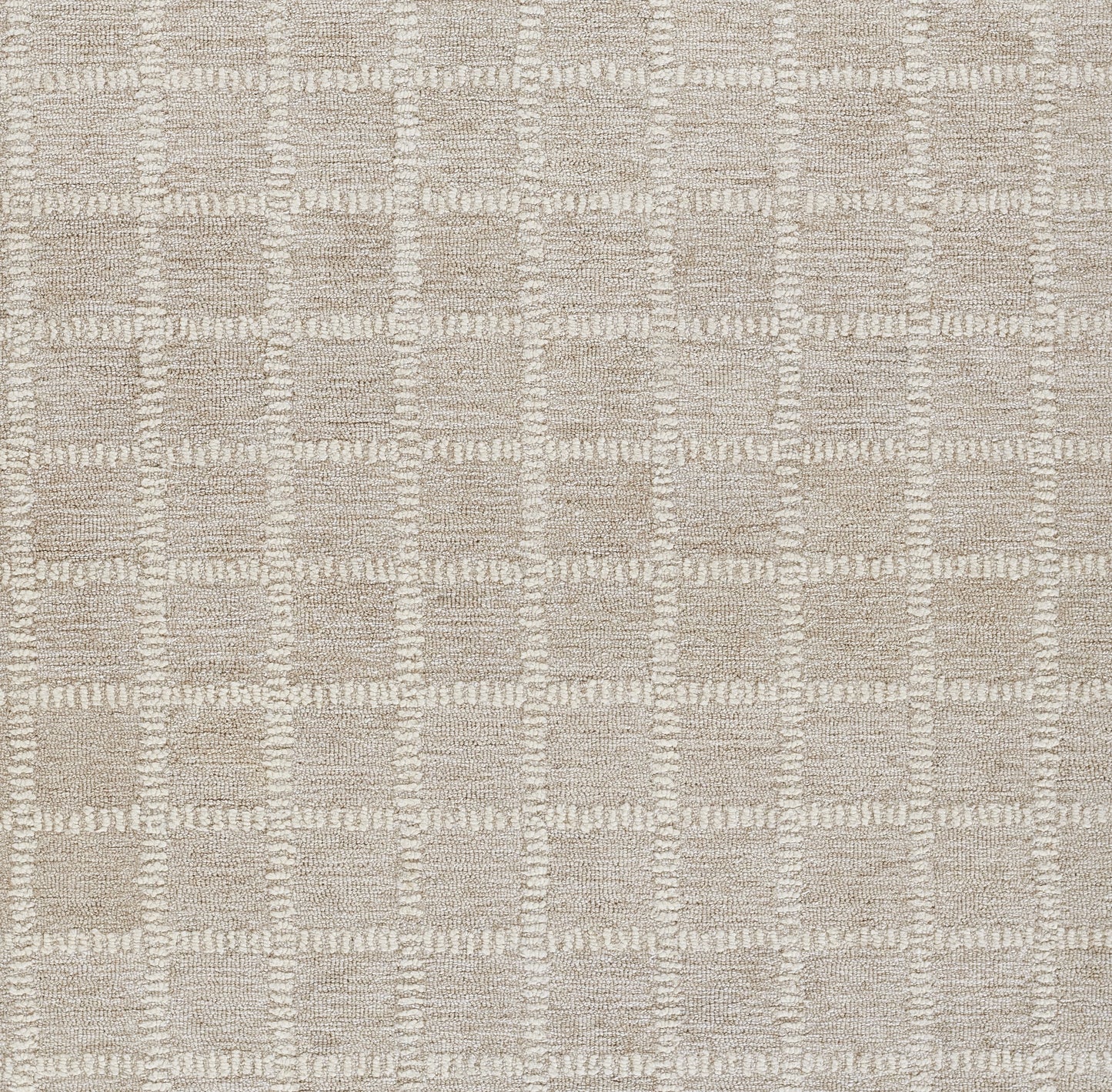 Beige textured area rug with a woven checkered grid pattern in light and dark tan tones.
