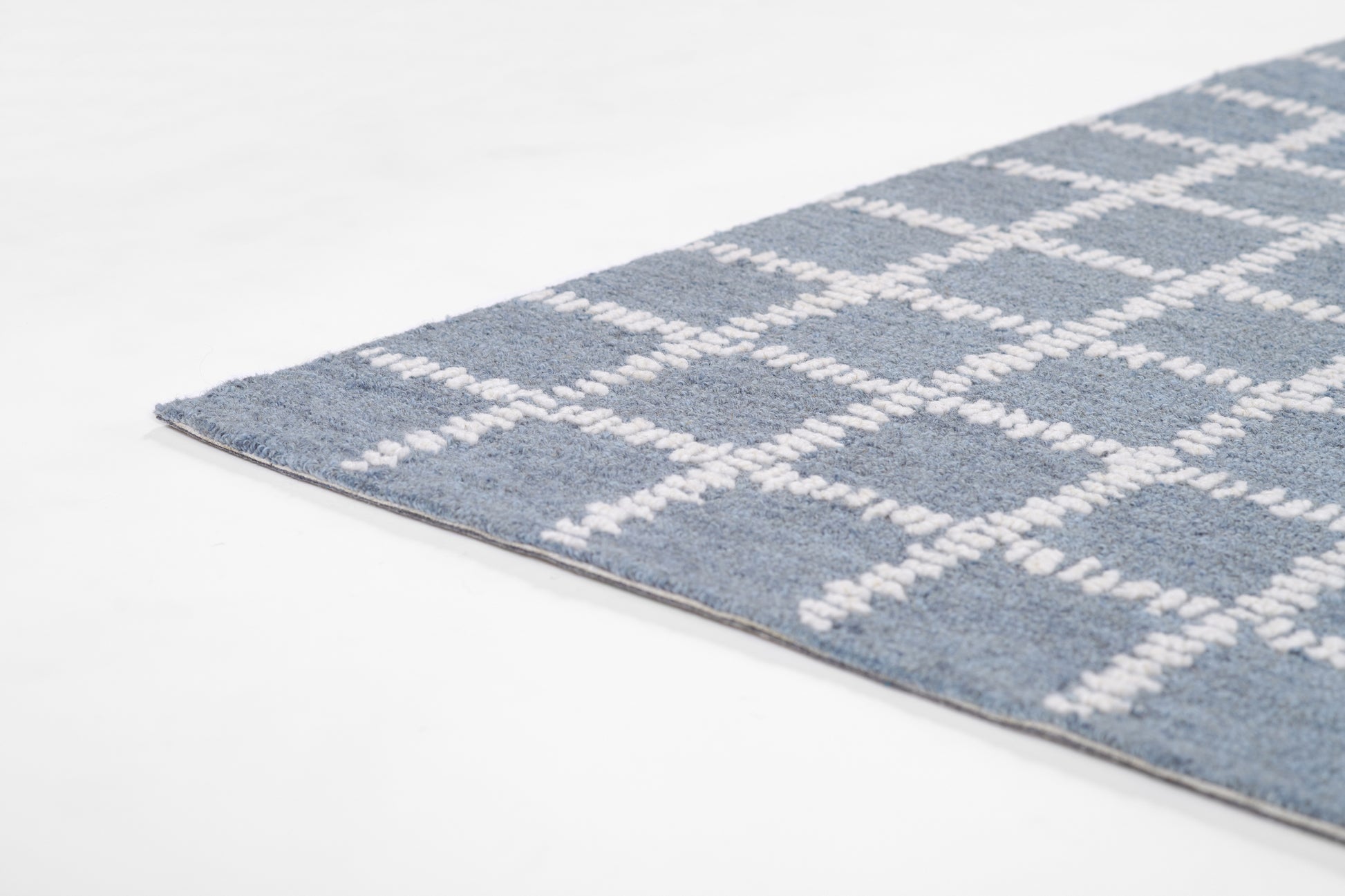 Blue area rug with white plaid grid pattern, soft plush texture, rectangular shape, edge detail visible.