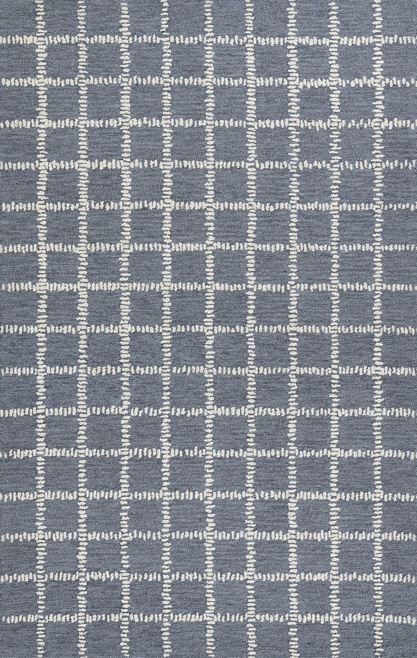 Blue-gray rug with a white dashed grid pattern forming squares; modern geometric style.