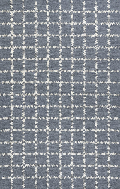 Blue-gray rug with a white dashed grid pattern forming squares; modern geometric style.
