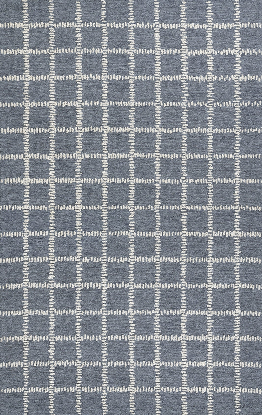 Blue-gray rug with a white dashed grid pattern forming squares; modern geometric style.