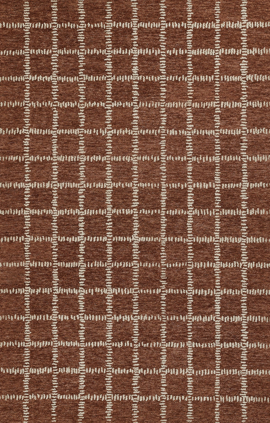 Brown woven rug with cream stitched grid forming square motifs; warm geometric floor covering.