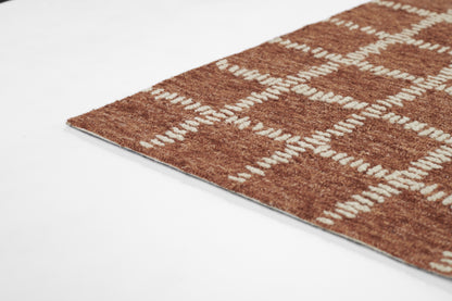 Brown shag area rug with a white grid pattern, plush pile, rectangular shape.