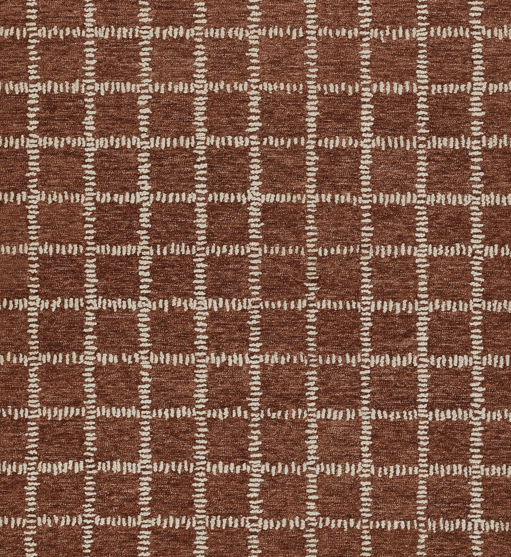 Brown woven rug featuring cream stitched square grid pattern; geometric floor decor.