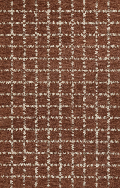 Brown rug with cream stitched grid pattern forming squares; soft tufted texture, modern geometric style.