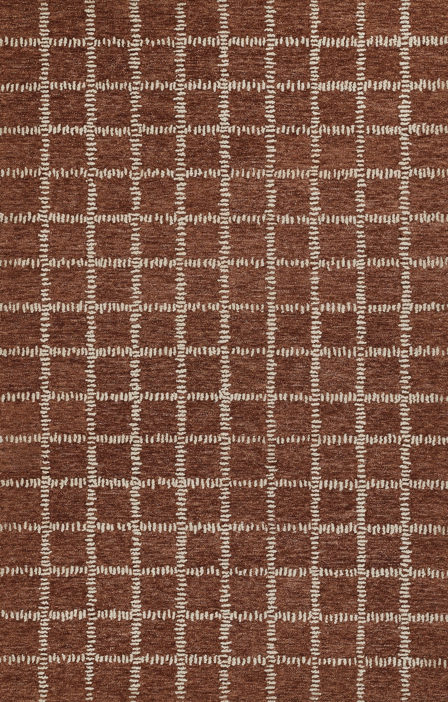 Brown woven rug with cream grid stitch pattern, square geometric design and soft textured floor decor.