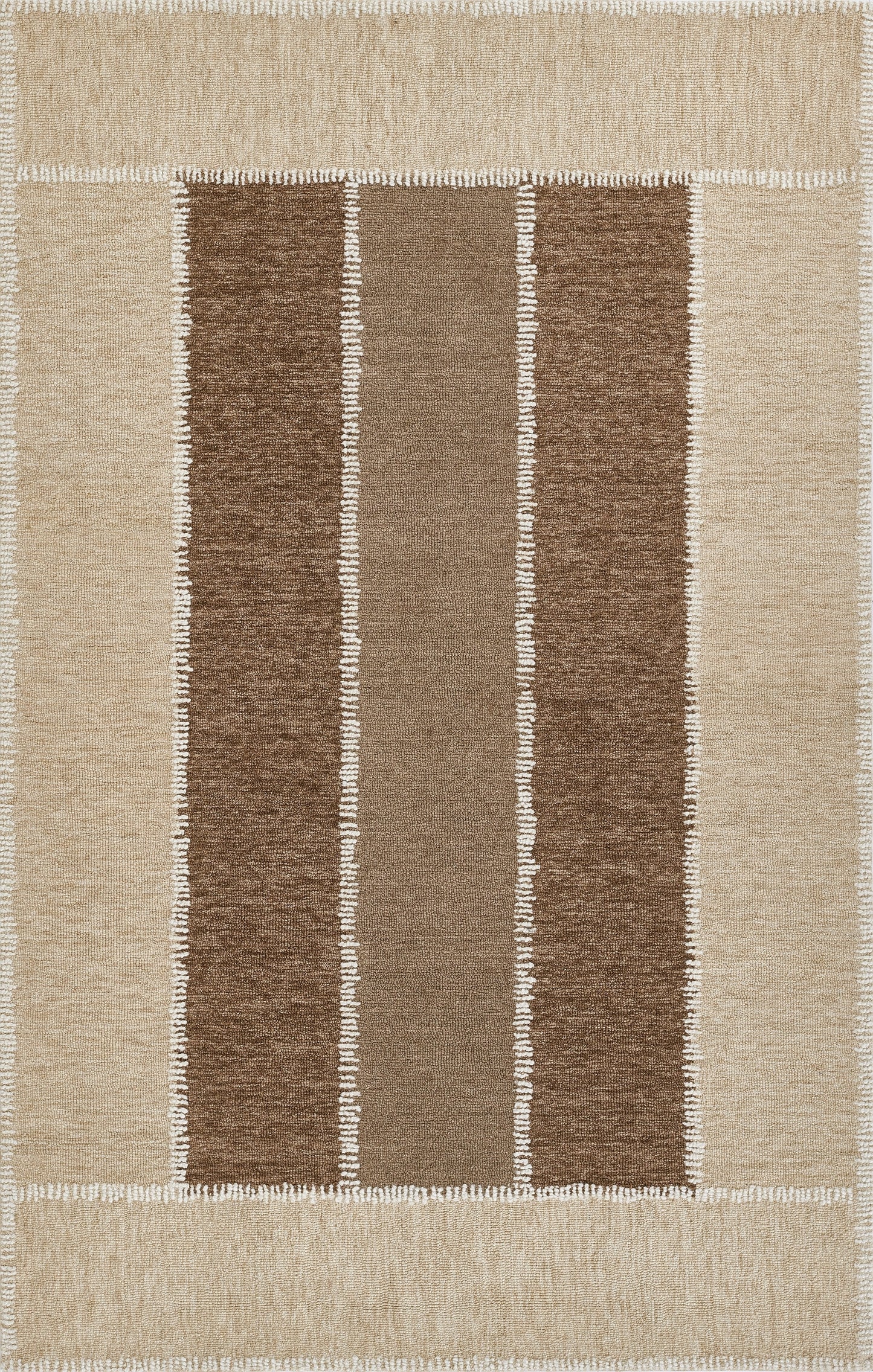 Rectangular beige rug with three vertical brown stripes (dark–medium–dark) on tan field and white fringe border.