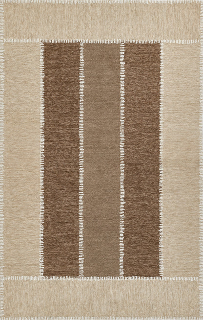 Rectangular beige rug with three vertical brown stripes (dark–medium–dark) on tan field and white fringe border.