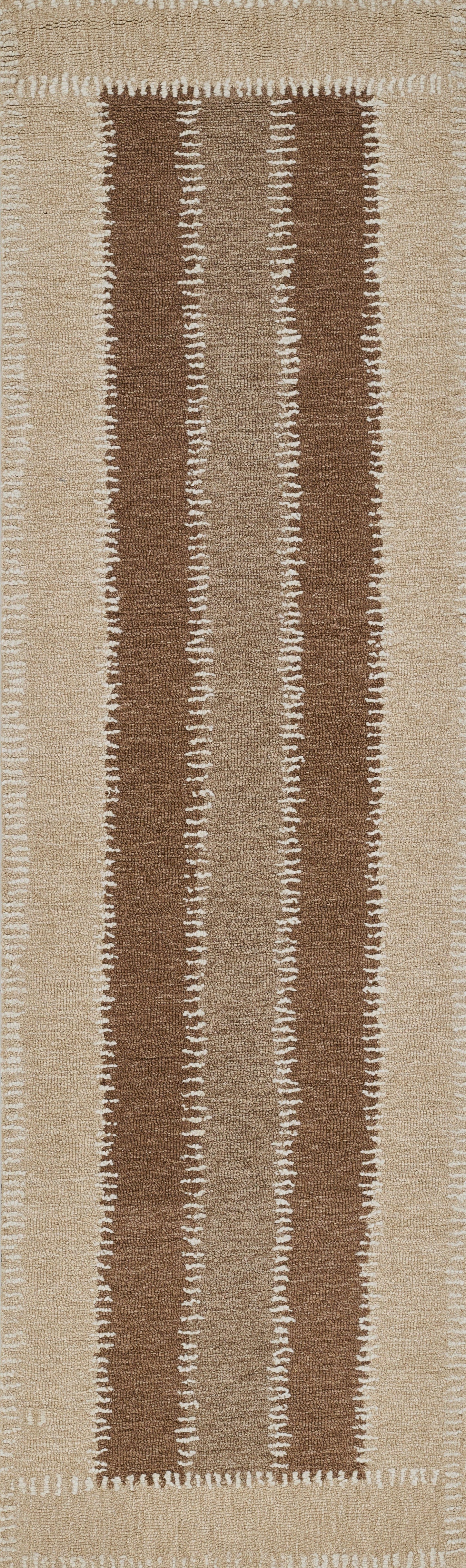 Beige area rug with two wide brown vertical bands and white dotted edge detailing.