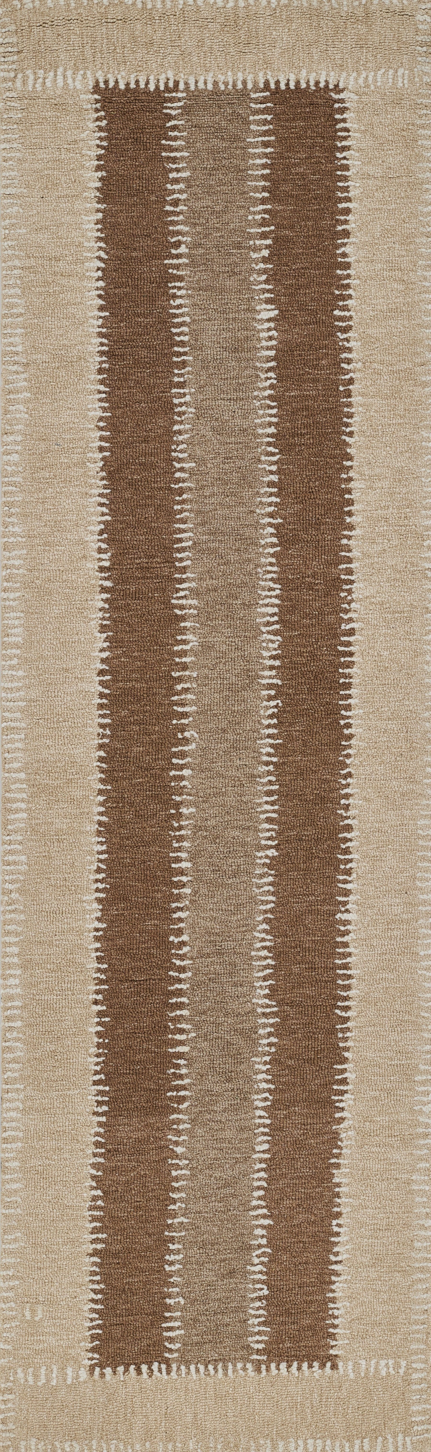 Beige tribal rug, 3'6" x 5'6", with two vertical brown stripes & white stitch edging; woven kilim-inspired design.
