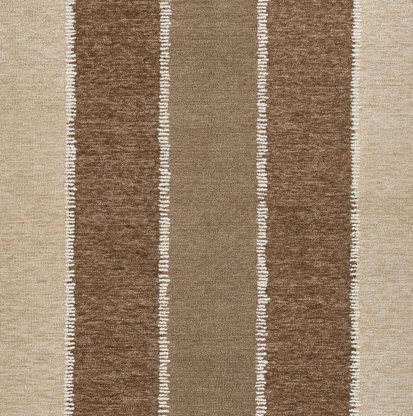 Beige and brown striped rug with vertical panels and white stitch lines.