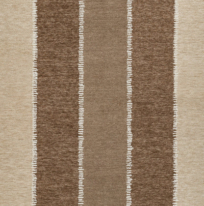 Woven area rug with vertical beige & brown stripes, thin white dashed lines; warm neutral tones, striped style.