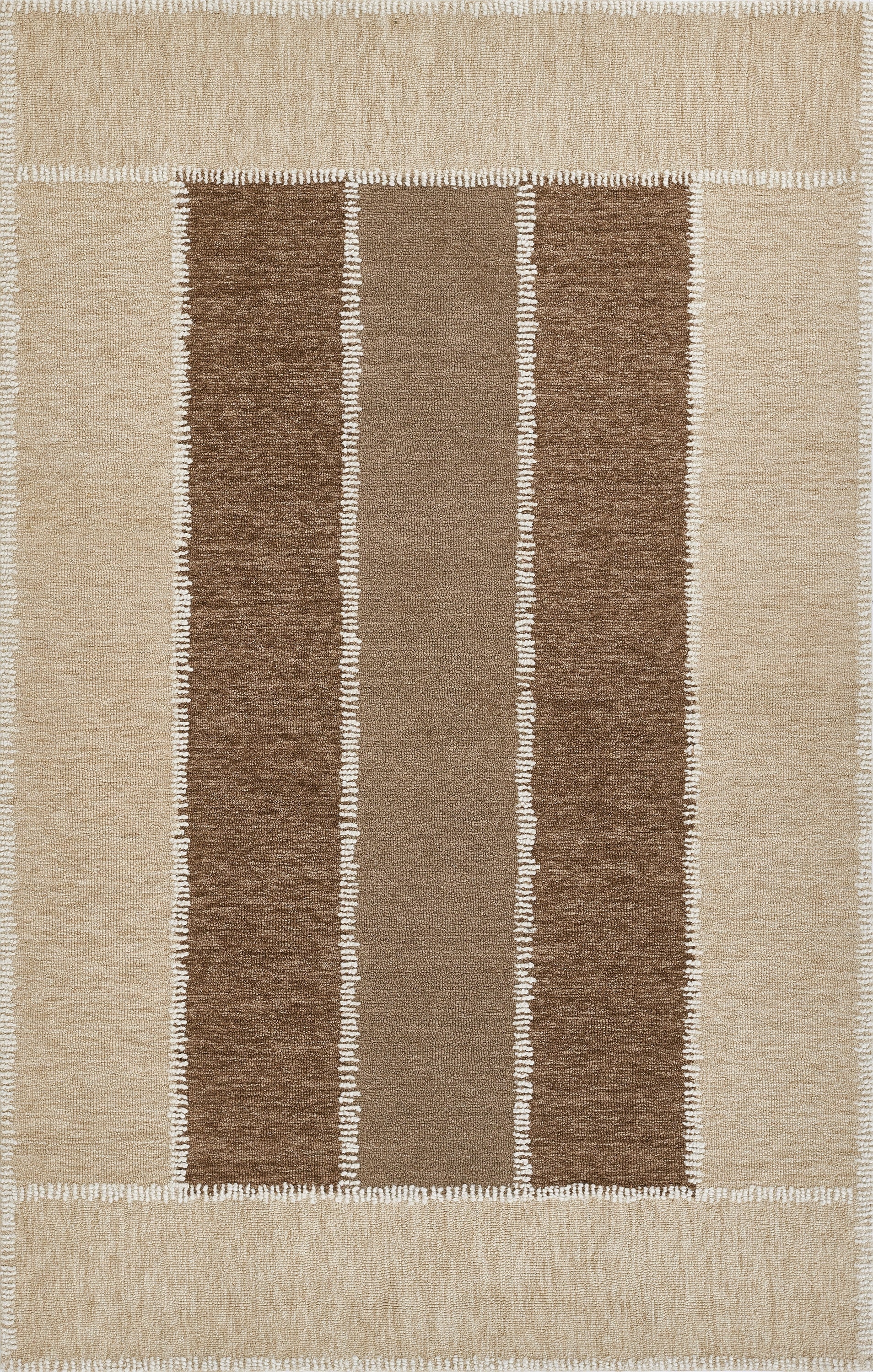 Beige bordered rug with three central vertical stripes in brown and tan, white fringe edges, modern geometric textile.
