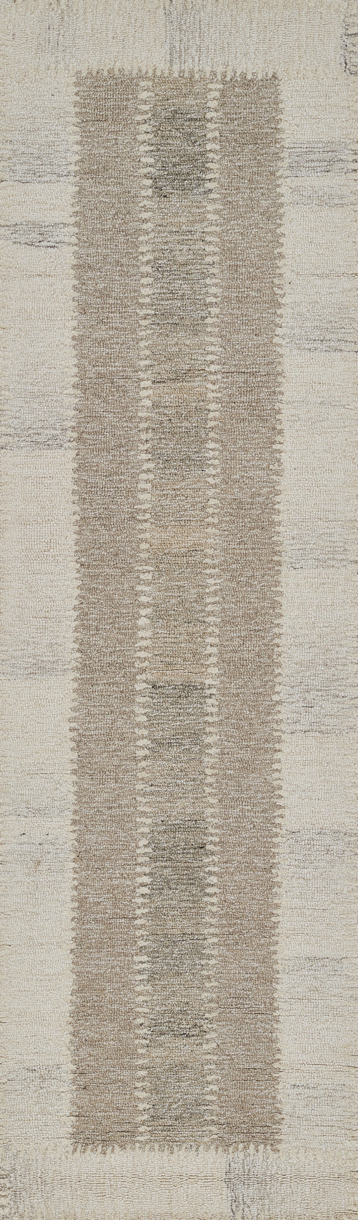 Neutral beige and gray area rug with a centered vertical stripe pattern; modern, textured, versatile home decor.